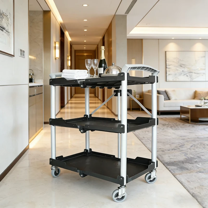 Black Portable 3 Tier Plastic Service Cart Collapsible Push Restaurant Utility Cart Four Wheel Tool Trolley