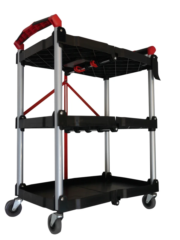 Black Red 3 Shelf Utility Folding Plastic Service Cart Convenient Portable Design 225 Lbs Maximum for Hotels & Home