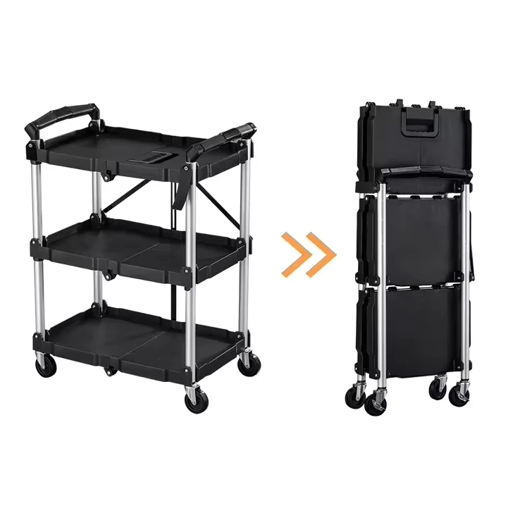 Black Red Four Wheel Platform 3 Shelf Utility Folding Plastic Service Cart 225 Lbs Maximum Hotels Home