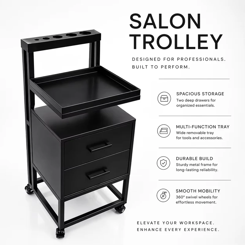 Black Salon Trolley Hairdressing Tool Cart with Drawers Storage Tray and Wheels for Barber Shop Beauty Salon