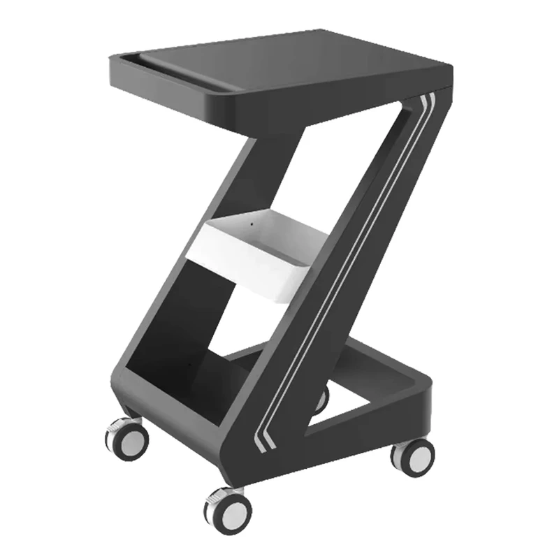 Black Stainless Steel Z Shape Beauty Salon Trolley Cart Wheels Foldable Eco Friendly Mobile Equipment Stand for Home Spa Clinic