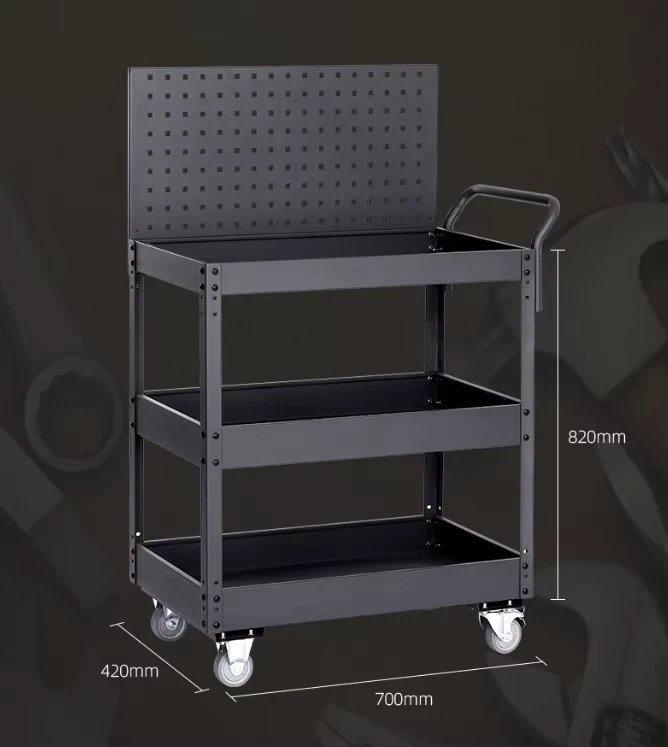 Black Steel Utility Cart 3 Tier Tool Trolley Cart with Lockable Wheels