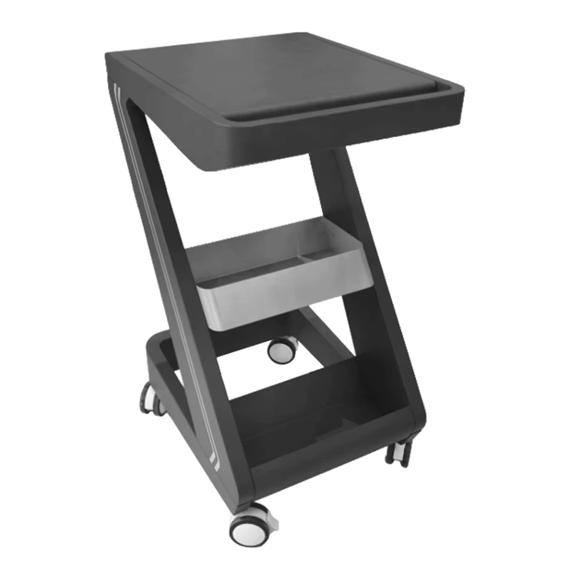 Black Z Shape Beauty Salon Trolley Cart with Wheels Multifunctional Mobile Equipment Stand for Spa Clinic Use