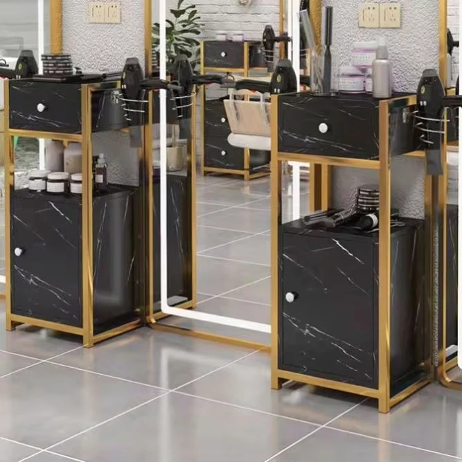Black and Gold Nail Salon Stool Cabinet Hair Styling Station Salon Barber Cabinet Hairdresser Salon Trolley