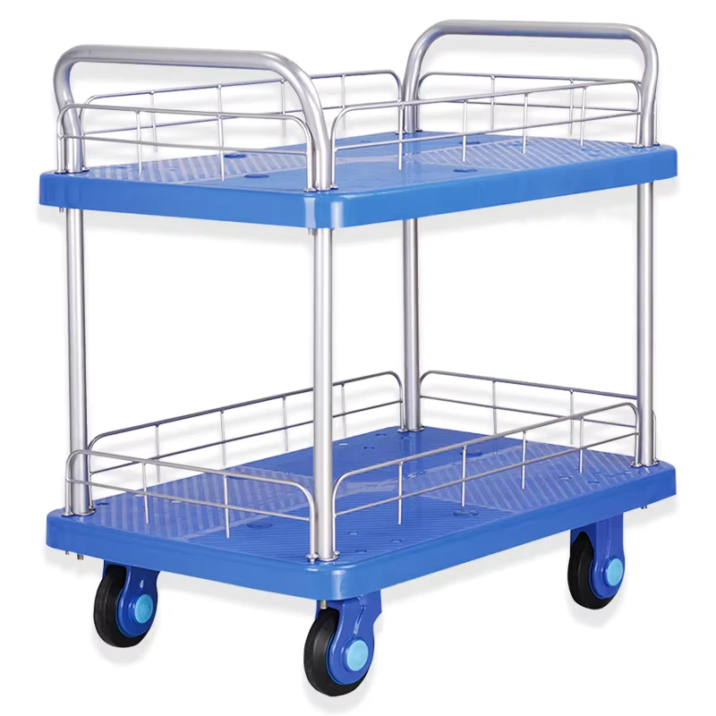 Blue 300kg Rated PVC Handle Four Wheel Plastic Platform Trolley with Guardrail 2 Tier Heavy Duty Hand Truck
