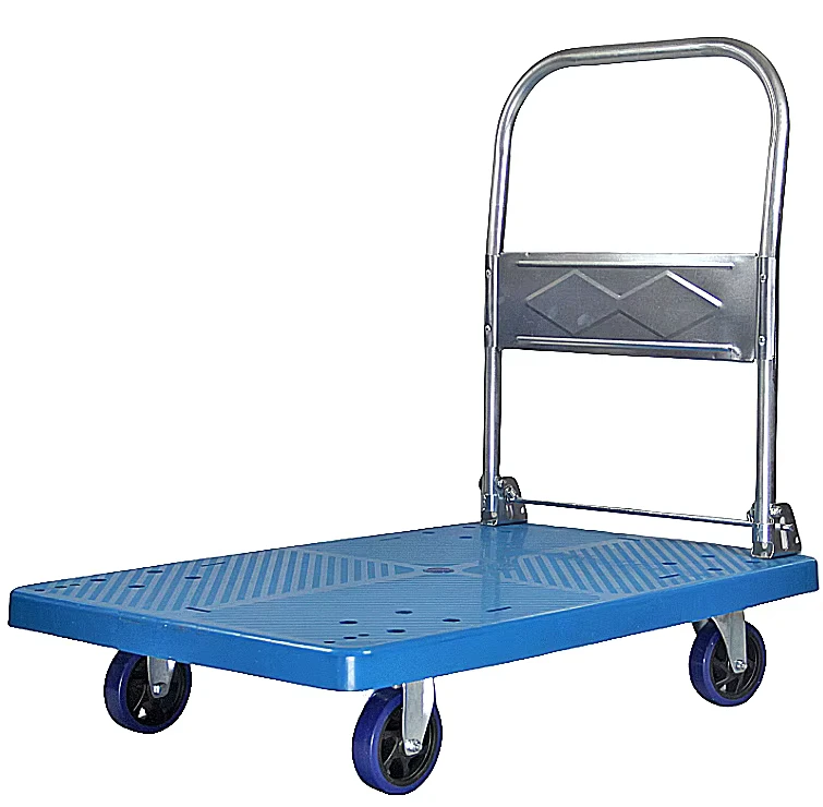 Blue Household Warehouse 4 Wheels 650*1100mm Dolly Flatbed Trolley Foldable Plastic Platform Hand Cart 500kg