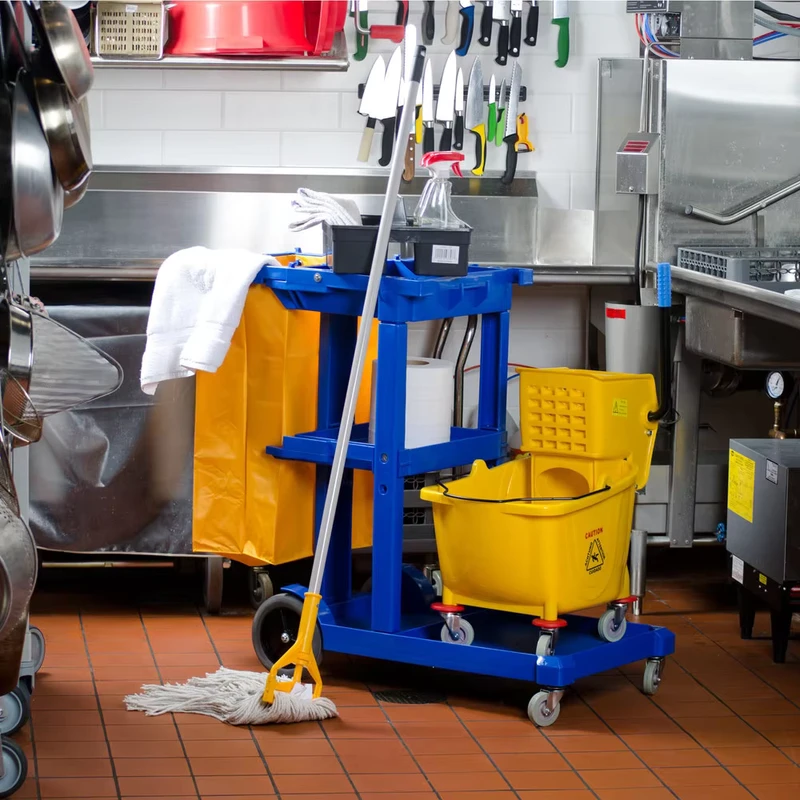 Blue Janitorial Cleaning Trolly Cart With Mop Bucket