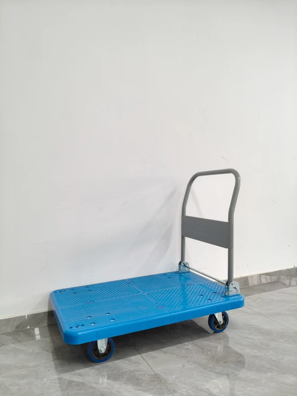 Blue PP Plastic Flat Hand Truck Large Load Capacity Folding Push Trolley for Supermarket Market Cargo Moving