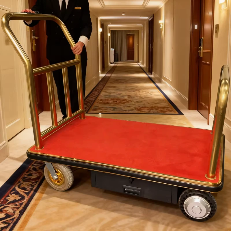 Brass Finish Electric Luggage Cart for Bellboy Service with Hotel Baggage Transport and Premium Appearance