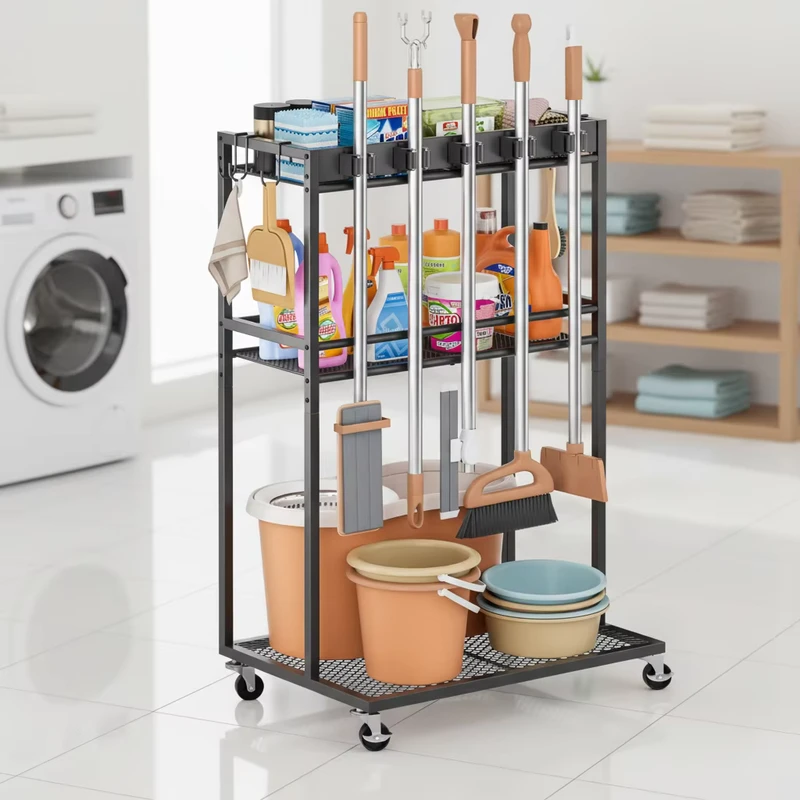 Broom Holder with Cleaning Organizer Closet Storage Cabinet with Mop Hanger Gripper Rack Hooks Cleaning Housekeeping Cart