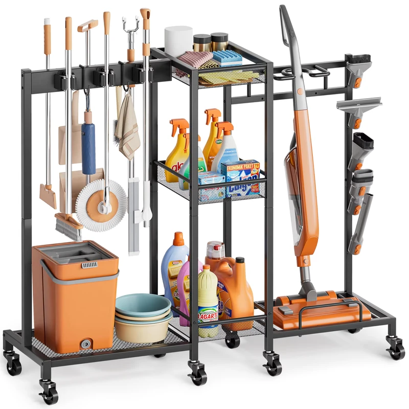 Broom Holder with Cleaning Supplies Organizer Broom Closet Storage Cabinet with Cleaning Caddy Cleaning Cart