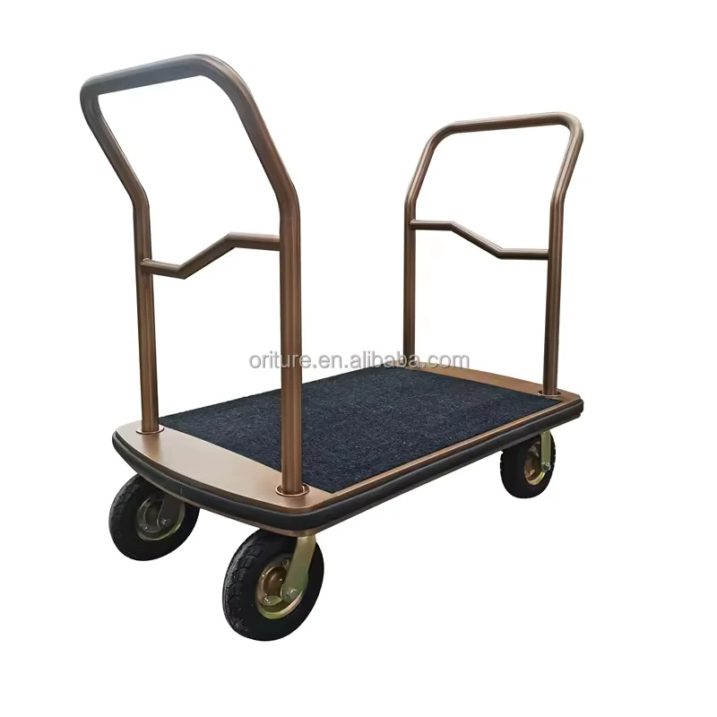 C014 Hotel Lobby Stainless Steel Baggage Hand Truck Cart Platform Bellman Trolley 6 Wheels