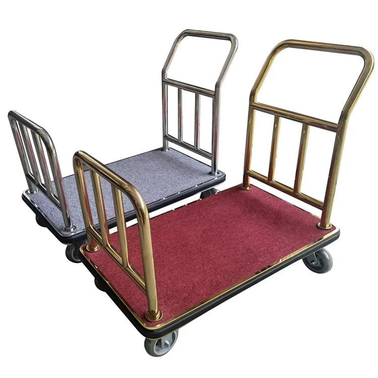 C018 Golden Baggage Hand Trolley Cart Modern Design Stainless Steel Hotel Platform Lobby Luggage Bellman Trolley Red Carpet