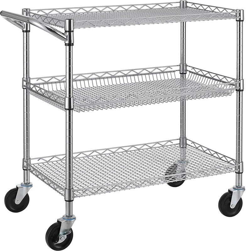 C3 Tier Heavy Duty Commercial Grade Utility Cart Wire Rolling Cart With Handle Bar Steel Service Cart With Wheels Utility She