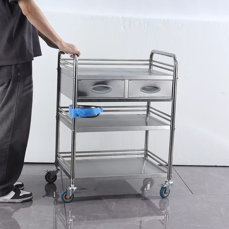 CE ISO Thickened Material Rust Resistant 3 Tier Stainless Steel Hospital Utility Cart Double Drawers for Dental Clinic