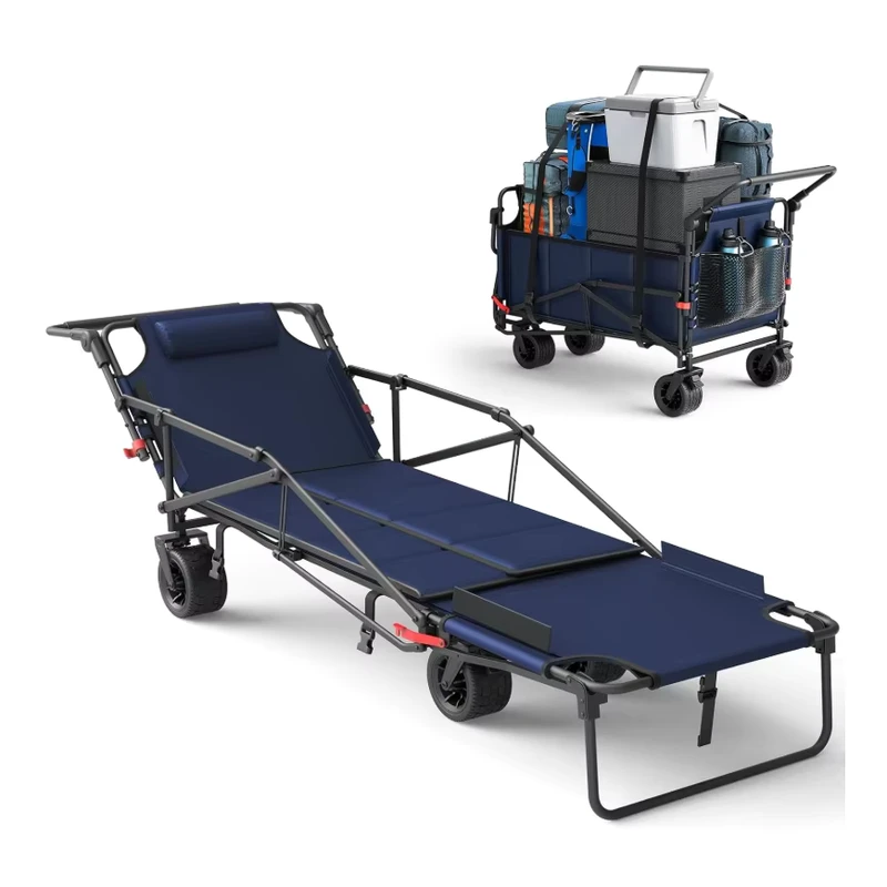 Camping Beach Use Converts to Reclining Camp Bed Durable Storage Wagon Foldable Camping Cart with 360° Wheels
