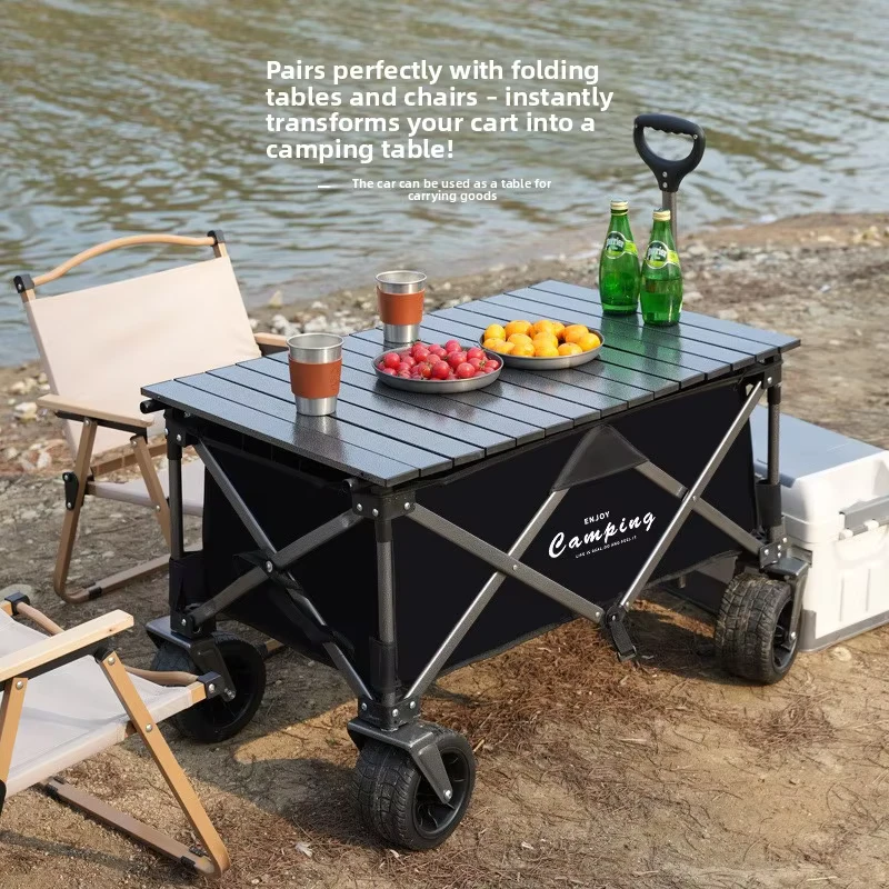 Camping Car Outdoor Camping Foldable Trolley Off road Handcart Gathering Camping Stall Small Trolley Black Telescopic