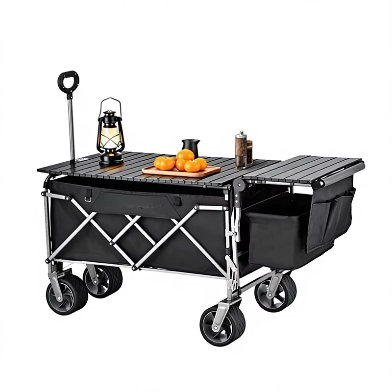 Camping Cart Push pull One piece Outdoor Picnic Stall Foldable 600D Oxford Cloth Universal Wheels Longer Black Silver