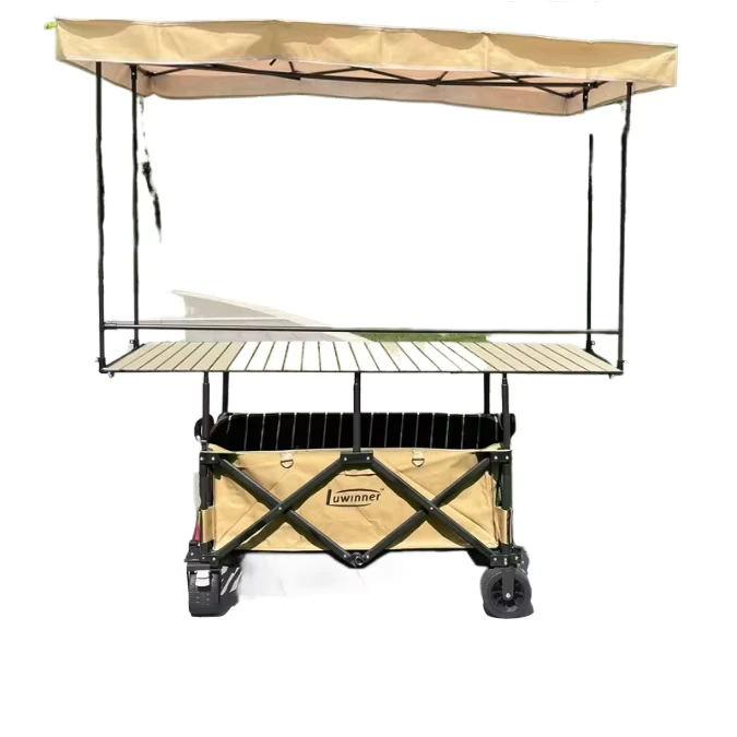 Camping Four Wheel Trolley Wagon Tall Table Portable Food Stall Mobile Shop with Sunshade Tent Beach Ice Cooler 167x60cm