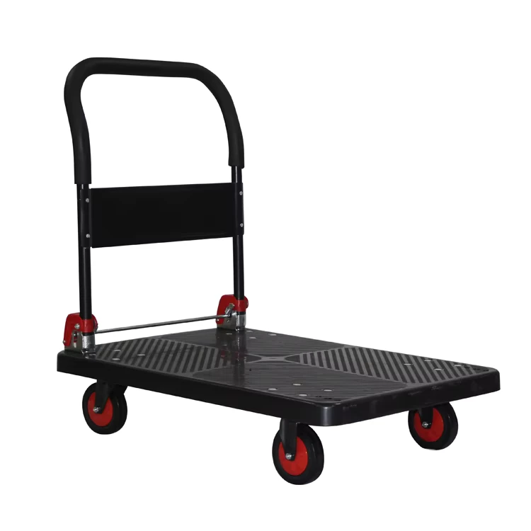 Capacity 600kgs Black 4 Wheels 65*110cm Durable Folding Industrial Storage Mute Push Hand Cart Platform Plastic Trolley OEM for