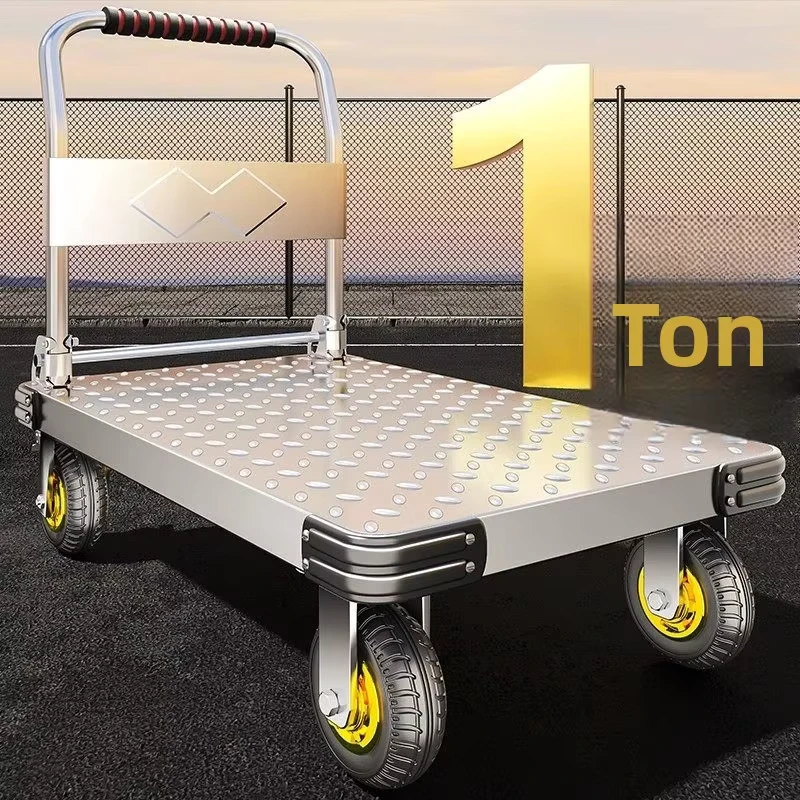 Carbon Steel Folding Small Trolley Handcart with Brake System and Swivel Wheels Portable Flatbed Cart for Household Use