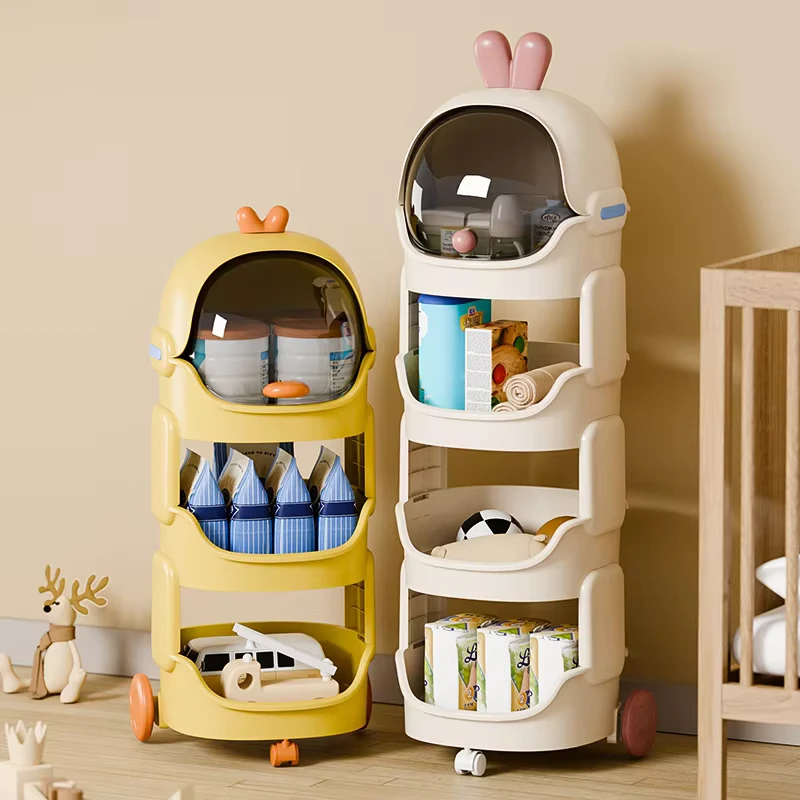 Cartoon Children’s Storage Cabinet Wheels Household Trolley Rack for Snacks Toys PP Material for Living Room Baby’s Play Area