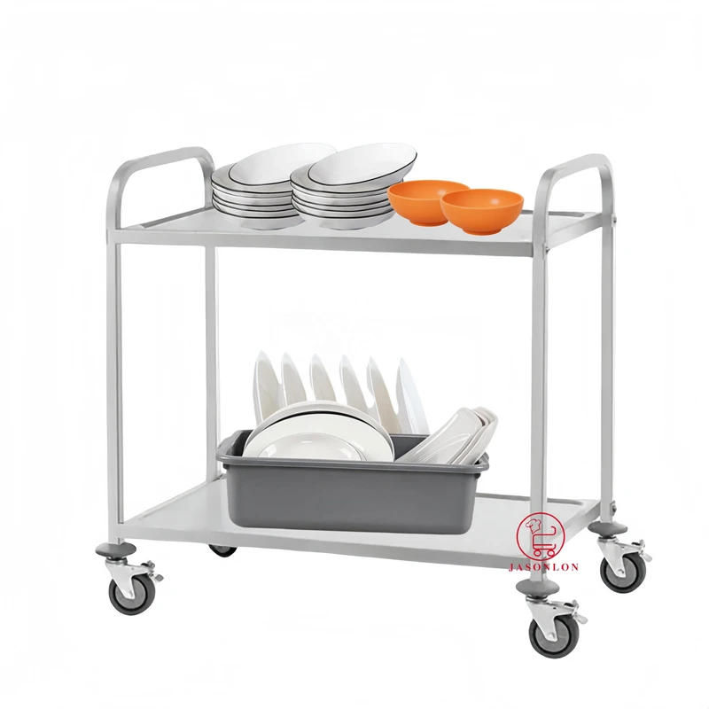 Catering Equipment Factory Price SS430 Serving Trolley 2Tiers Restaurant Dining Cart With 100mm Locking Wheels