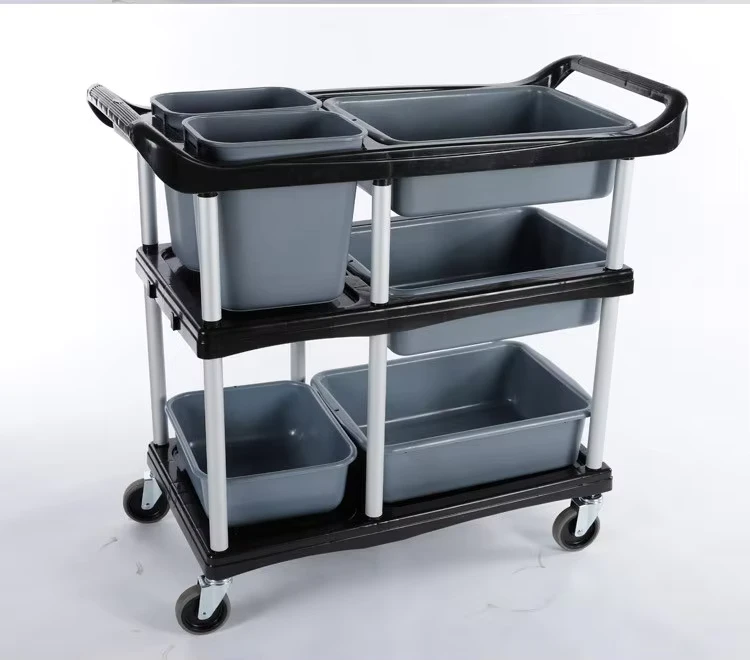 China Heavy Duty 3 Tier Plastic Hotel Folding Dining Food Serving Cart Trolley For Restaurant