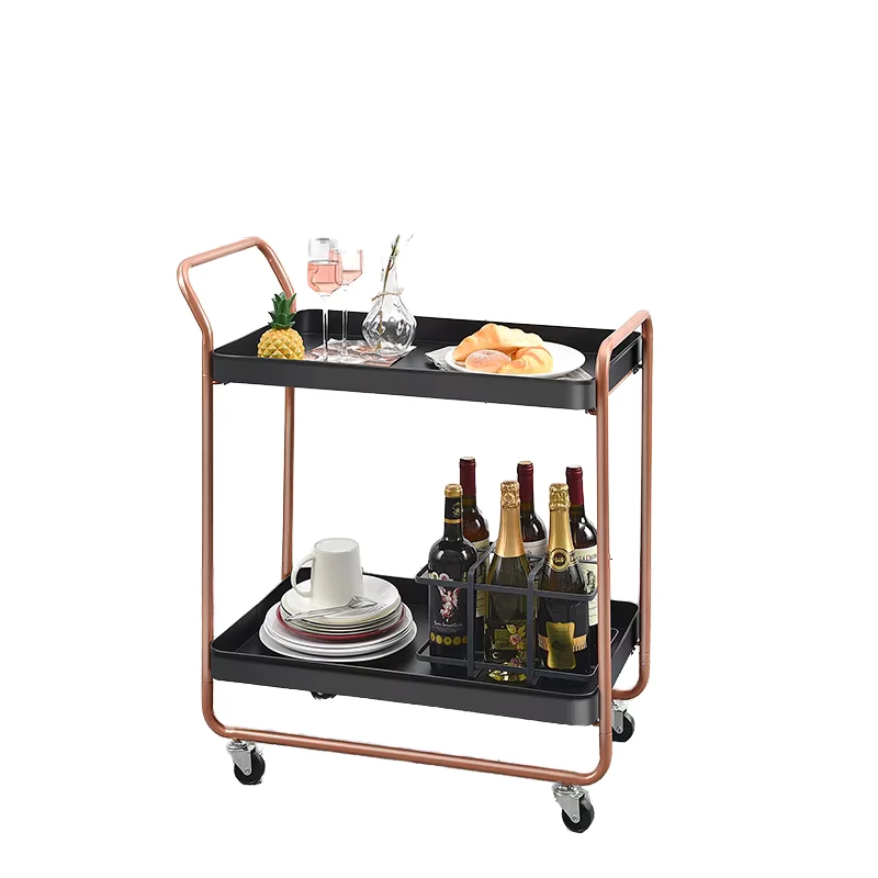 China Supplier 2 Tier Rolling Storage Trolley Metal Bar Cart 2 Layer Luxury Wine Serving Trolley for Bar Club Hotel