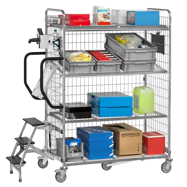 Chrome Plated Four Wheel Mesh Warehouse Hand Trolley with Zinc Galvanized & Powder Coated Frame