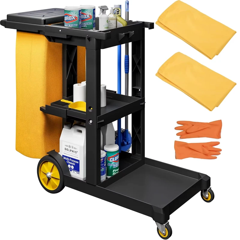 Cleaning Carts on Wheels Janitorial Cart 3 Shelf Commercial Traditional Housekeeping Cart with Gallon Bag and Rubber Gloves