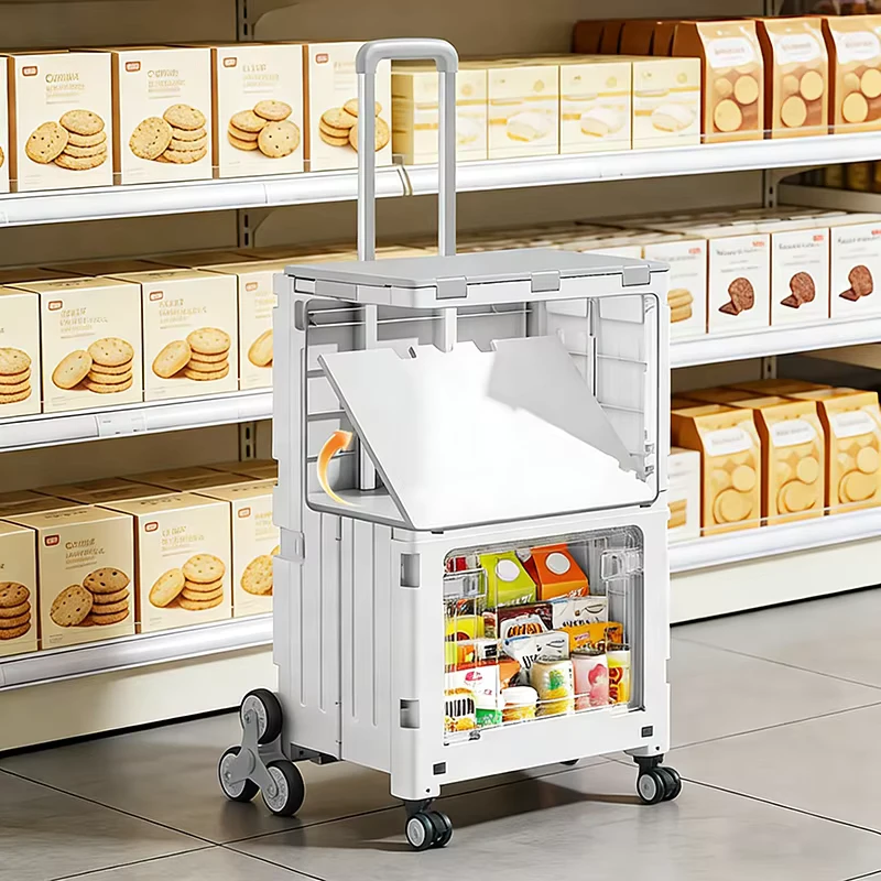 Climb Stairs White Double Layer Tier Folding Shopping Cart Storage Box Transparent Door Foldable Shopping Trolley with Wheels