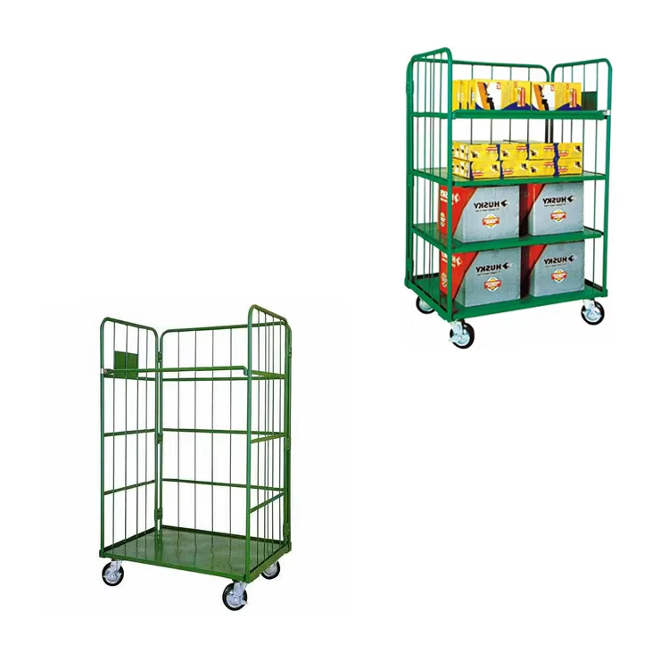 Collapsible 4 Sided Logistics Pallet Demountable Industrial Cage Wire Mesh Roll Trolley Container