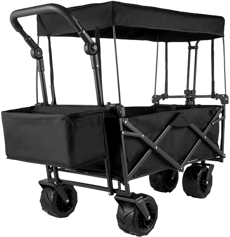 Collapsible 4 Wheel Garden Beach Wagon Cart with Canopy Outdoor Utility Folding Camping Trolley for Hiking & Travel