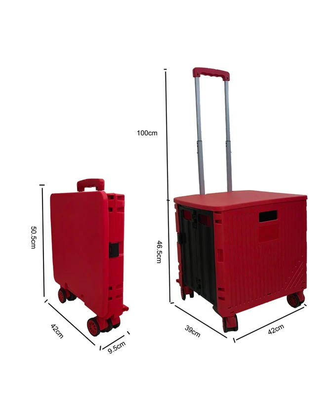 Collapsible 4 Wheel Plastic Trolley Cart Heavy Duty Supermarket Picnic Rolling Crate with Light Feature Folding Platform