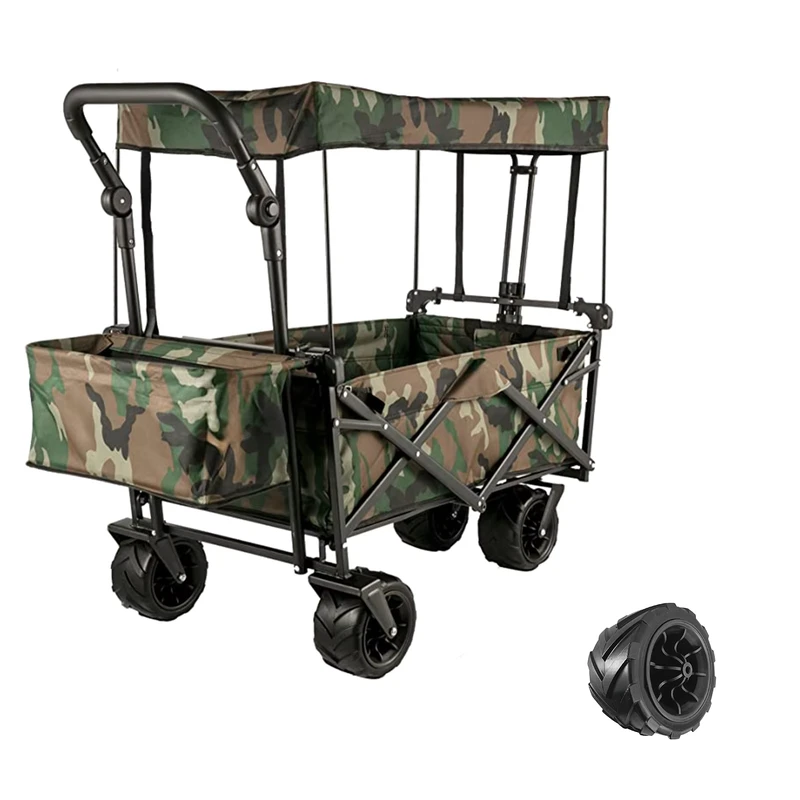 Collapsible Camouflage Folding Wagon Heavy Duty Foldable Wagon Utility Cart with Removable Canopy for Garden Camping Beach