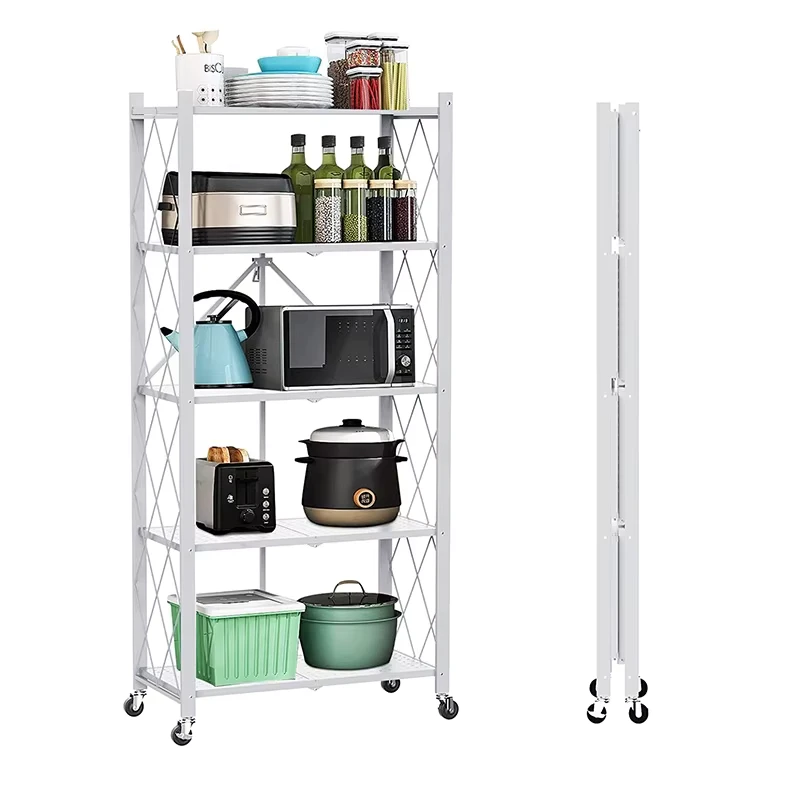Collapsible Easy Assembly Mobile Metal Trolley Storage Rack Floor Standing Kitchen Microwave Folding Shelf Rack With Wheels