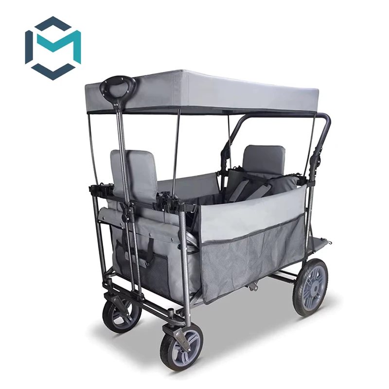 Collapsible Foldable 2 Seat Kids Pull Camping Cart Heavy Duty 120KG Baby Wagon Cart with Canopy