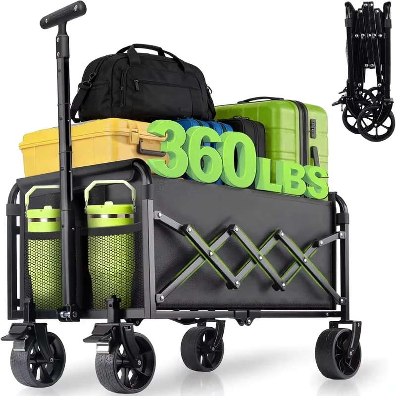 Collapsible Foldable 4-Wheel Compact Utility Wagon Cart Brakes Lightweight Portable for All-Terrain Use Groceries Camping 2 Cup