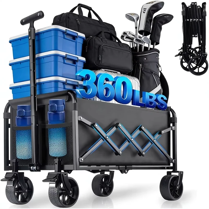 Collapsible Foldable Wagon Cart Adjustable Handle Built-In Cup Holders Heavy Duty Capacity 360 Swivel Wheels Camping