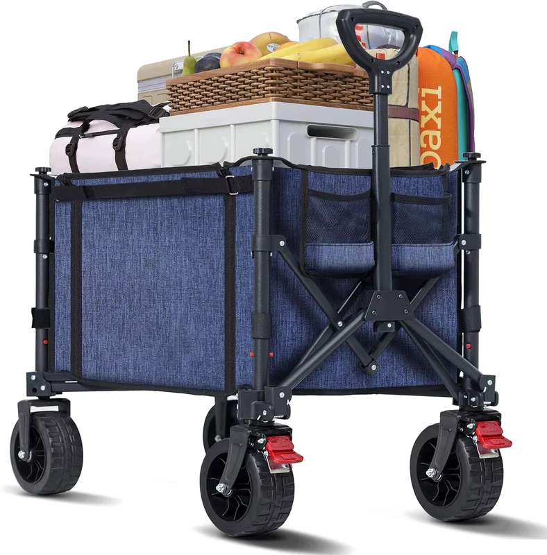 Collapsible Foldable Wagon Cart Four Wheel Big Wheels Brakes 250lbs Capacity Lightweight Shopping Utility Garden Portable