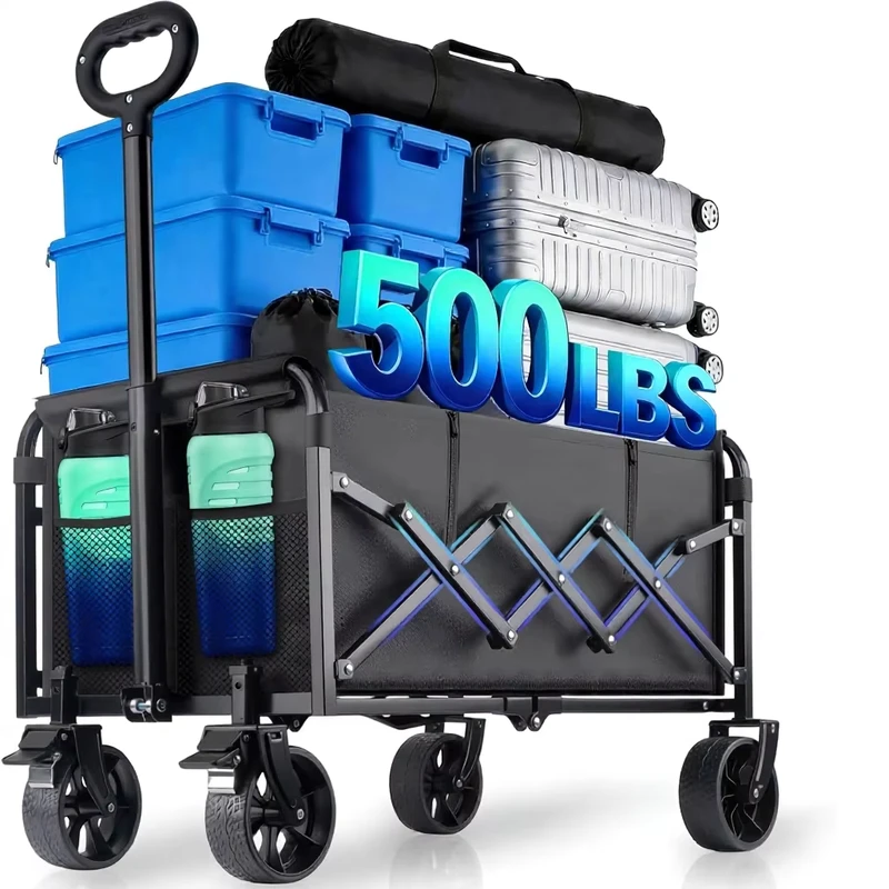 Collapsible Foldable Wagon Cart with Table Heavy Duty Utility Cart 360 Swivel Brake Wheels Lightweight Adjustable Handle Camping