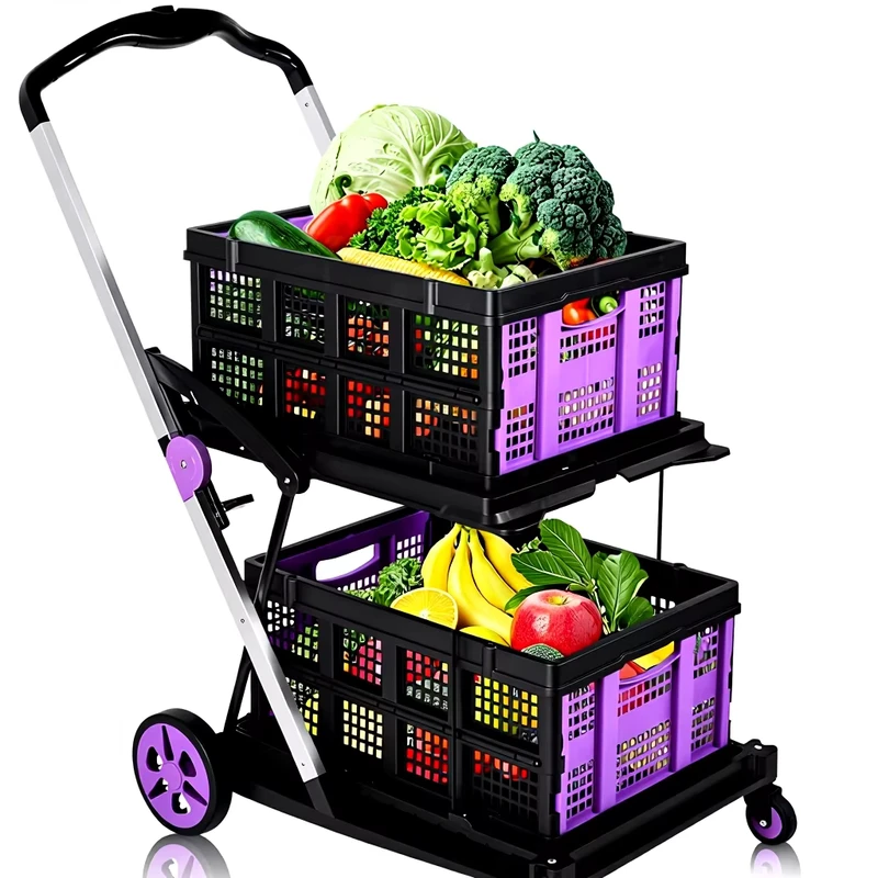 Collapsible Folding Shopping Cart 360 Swivel Wheels Adjustable Portable Trolley 2 Storage Crates Multi Use for Picnic