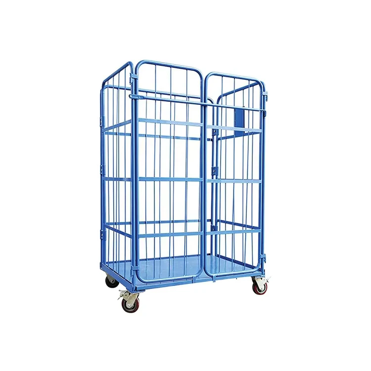 Collapsible Galvanized Supermarket Steel Roll Container Warehouse Foldable Rolling Cage Trolley