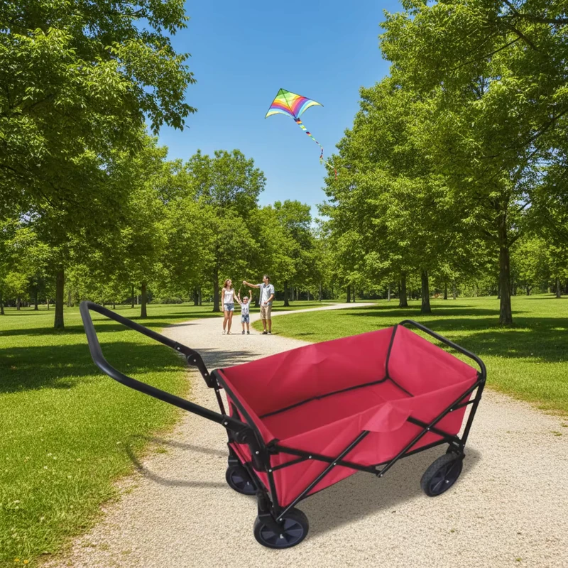 Collapsible Metal Food Cart Wagon with Table Foldable Four-Wheel 80KG Load Capacity Camping Gear OEM