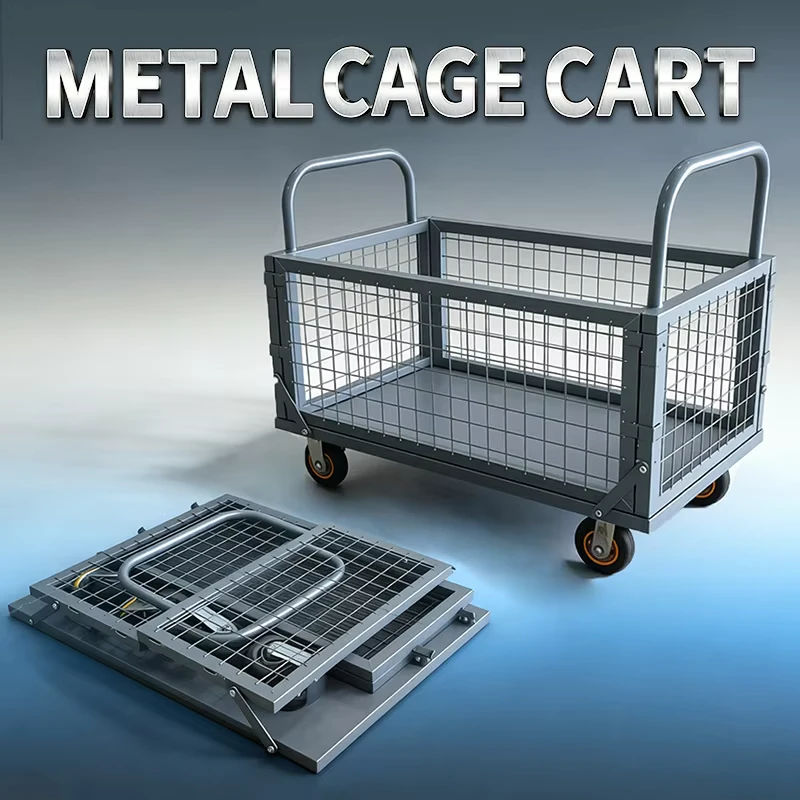 Collapsible Metal Mesh Transport Trolley 200kg Loading Capacity Foldable Warehouse Hand Cart for Factory Logistics
