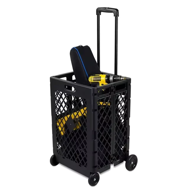 Collapsible Portable Foldable Folding Plastic Grocery Shopping Trolley Cart with Wheels