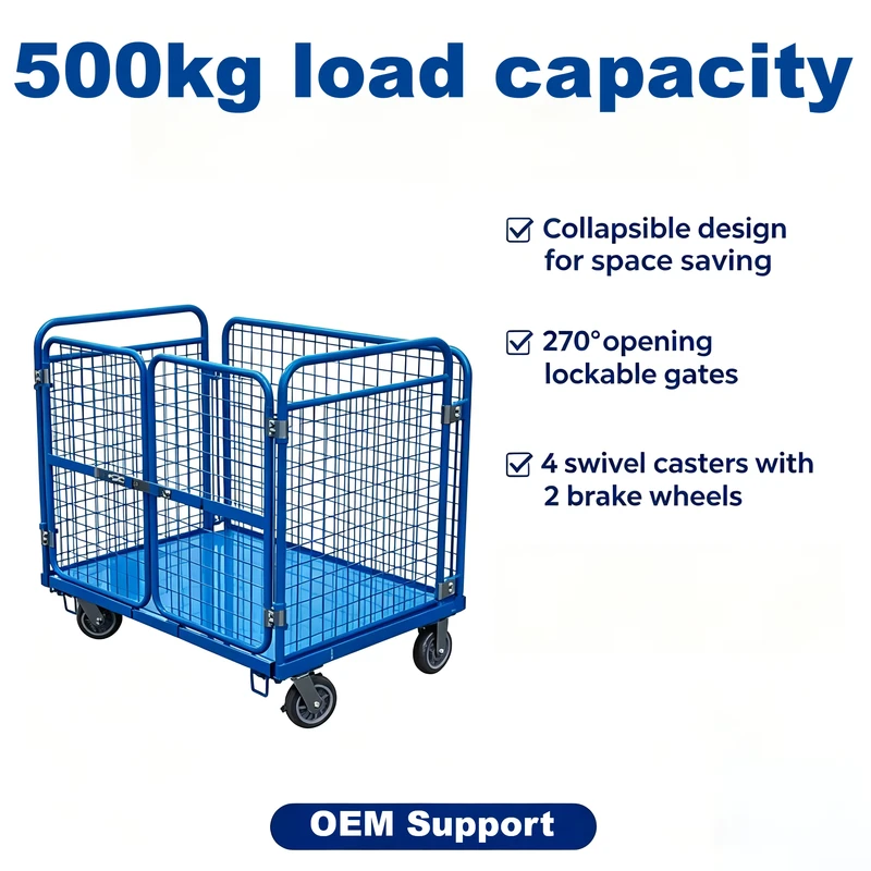 Collapsible Roll Cage Trolley RGS 02 Heavy Duty 500kg Load Q235 Steel Powder Painted Storage Cage with 270 Lockable Gate