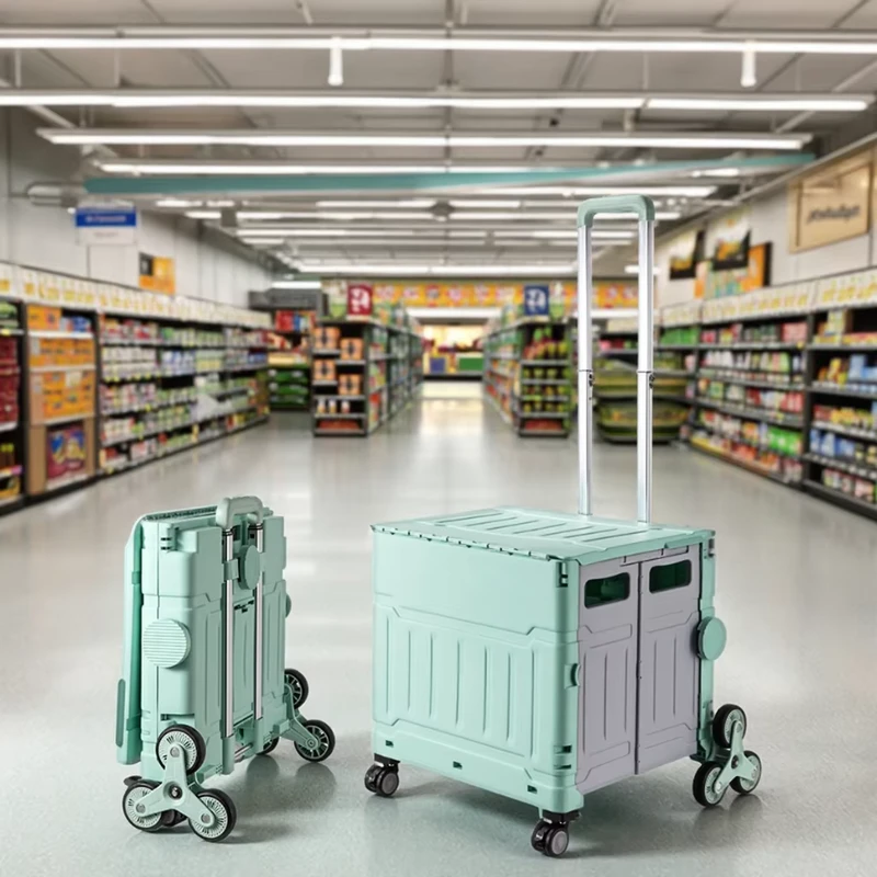 Collapsible Rolling Crate with Wheels Plastic Hand Shopping Trolley Cart Teachers Tote Basket Folding Design 50L