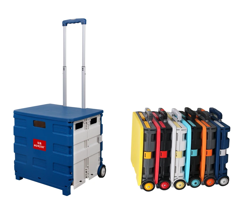 Collapsible Rolling Supermarket Shopping Trolley Folding Plastic Carry Hand Trolley Cart Portable with Wheels